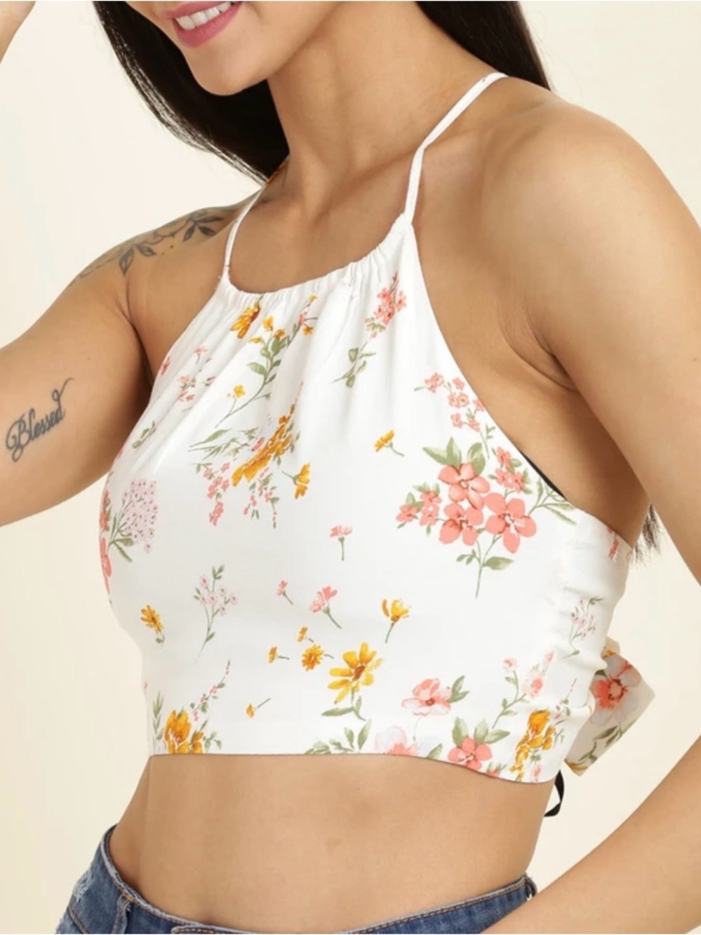 FOREVER 21 Cropped Cross Strap Tie back Floral Print Summer Top Size Medium